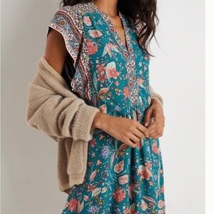 Anthropologie Zenia floral mini dress in blue and green